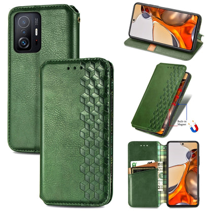 Green flip magnetic wallet case with cubic grid texture, card slots, and stand view