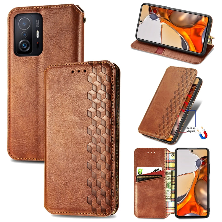 Brown leather wallet flip phone case with magnetic closure, card slots, and cube-pressed texture