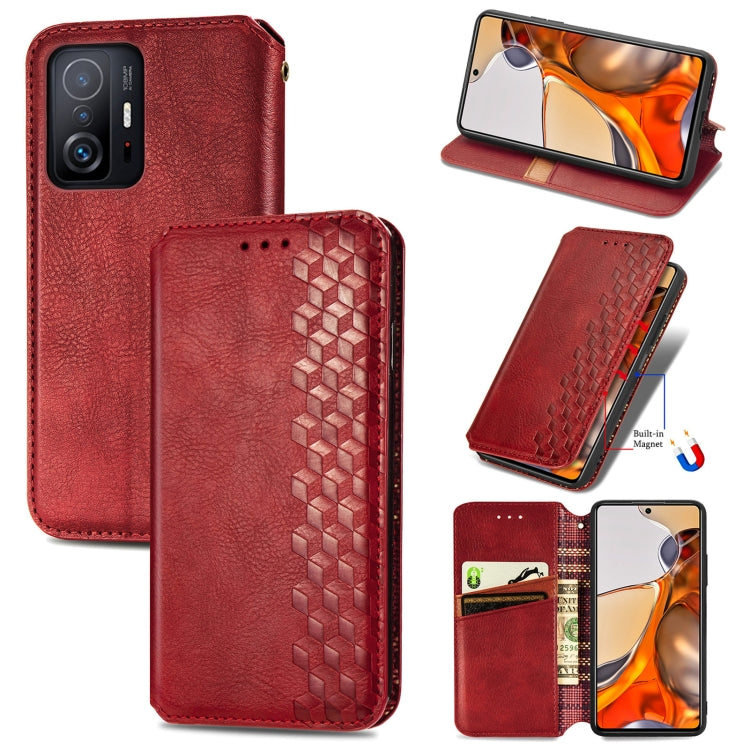 Red leather wallet flip phone case with magnetic closure, card slots, and cube-pressed texture