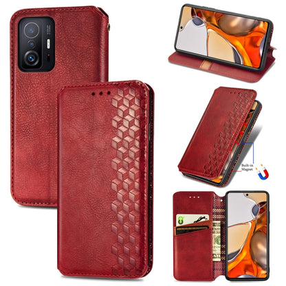 Red leather wallet flip phone case with magnetic closure, card slots, and cube-pressed texture