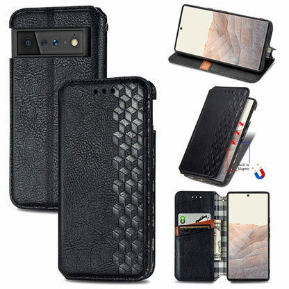 Black folio flip phone case with embossed cube grid front, card slots, and magnetic closure