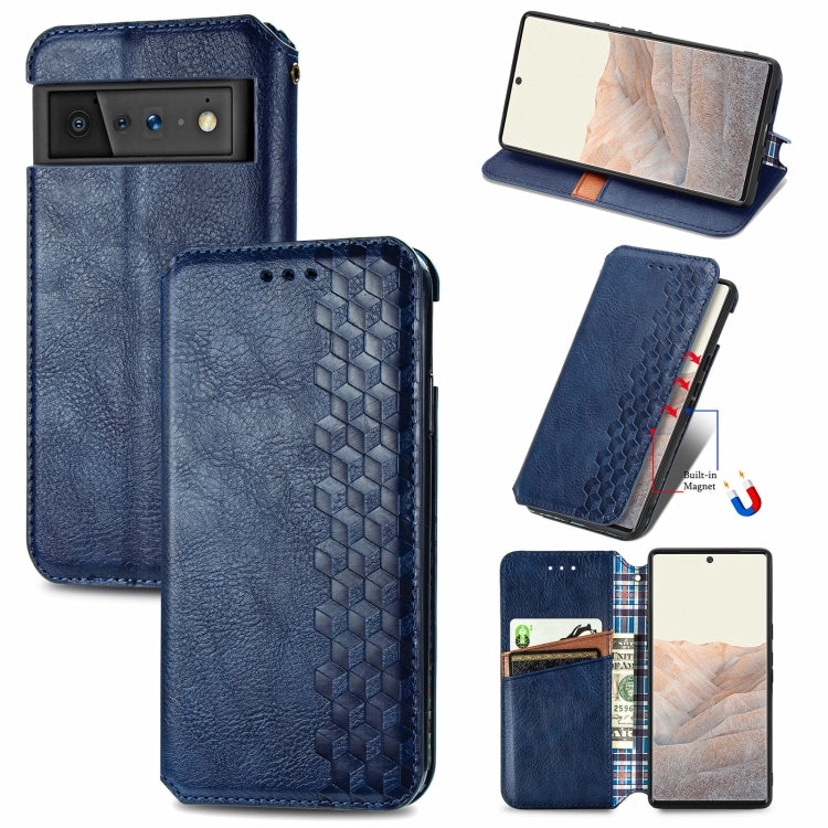 Blue flip magnetic leather phone case with cubic grid pattern and front card holder