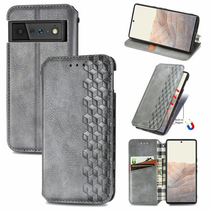 Grey flip magnetic leather phone case with cubic grid embossing and wallet slot