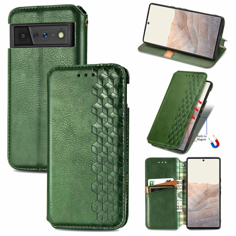 Green leather flip phone case with magnetic closure, card slots, and cube-pressed pattern