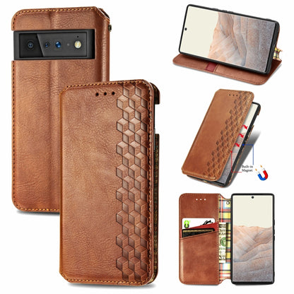 Brown leather flip phone case with magnetic closure, card slots, and cube-pressed pattern