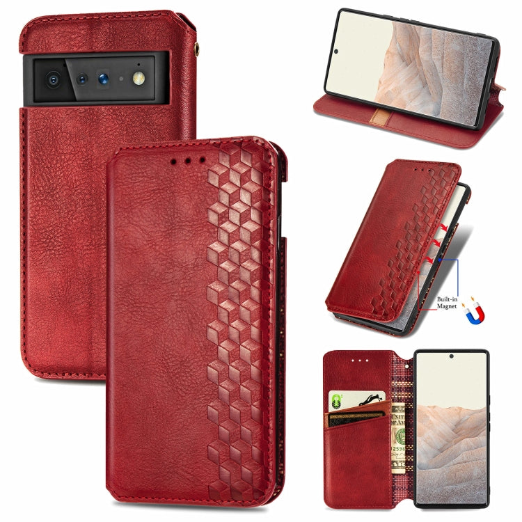 Red leather flip phone case with magnetic closure, card slots, and cube-pressed pattern