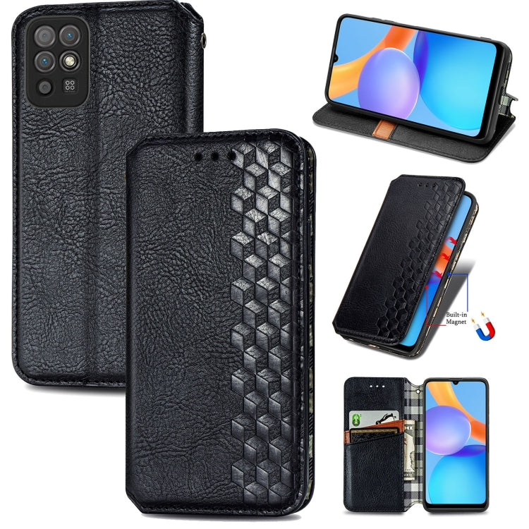Black textured leather flip phone case with embossed cube grid, card holder, and magnetic clasp