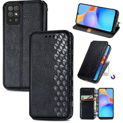 Black textured leather flip phone case with embossed cube grid, card holder, and magnetic clasp