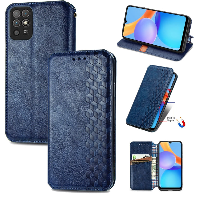 Blue flip magnetic leather phone case with cubic grid embossing and card slots