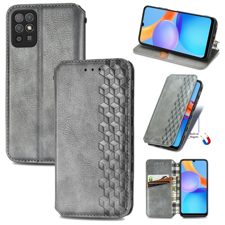Grey flip magnetic leather phone case with cubic grid pattern and card cardholder