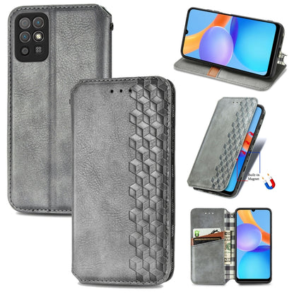 Grey flip magnetic leather phone case with cubic grid pattern and card cardholder