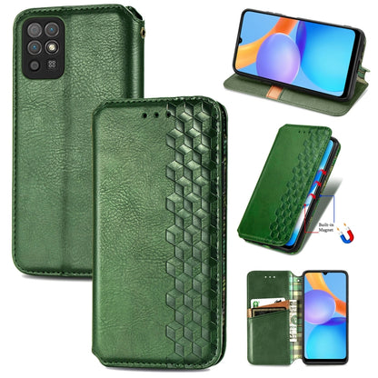 Green leather wallet flip phone case with magnetic closure, card slots, and cube-pressed texture