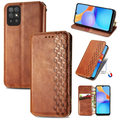 Brown leather wallet flip phone case with magnetic closure, card slots, and cube-pressed texture