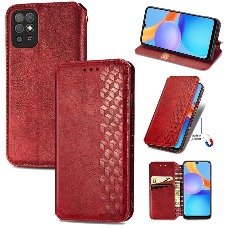 Red leather wallet flip phone case with magnetic closure, card slots, and cube-pressed texture