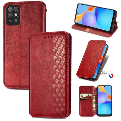 Red leather wallet flip phone case with magnetic closure, card slots, and cube-pressed texture
