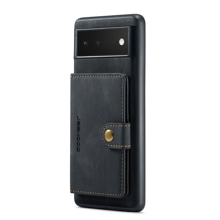 Black folio-style phone case with detachable card slot pocket and round snap button