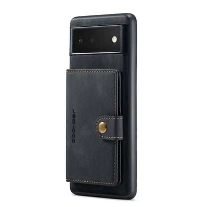 Black folio-style phone case with detachable card slot pocket and round snap button