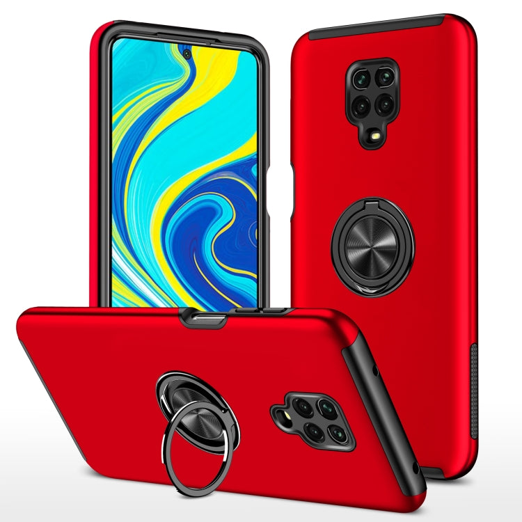 Red shockproof phone case with magnetic ring holder and camera protection cutouts.