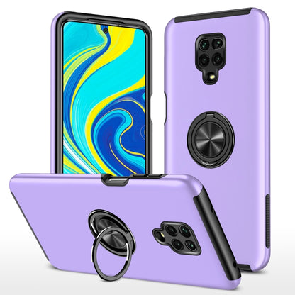 Purple magnetic phone case with built-in ring holder and covered camera openings