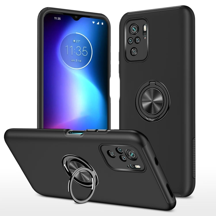 Black shockproof phone case with magnetic ring holder and camera cutouts