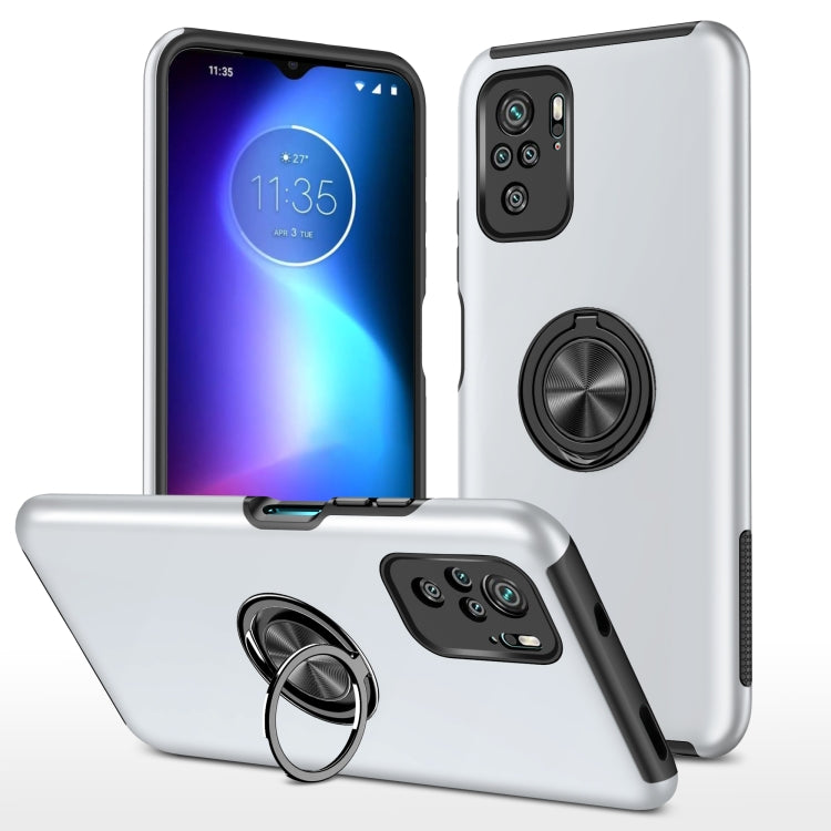 White shockproof phone case with magnetic ring holder and raised camera protection
