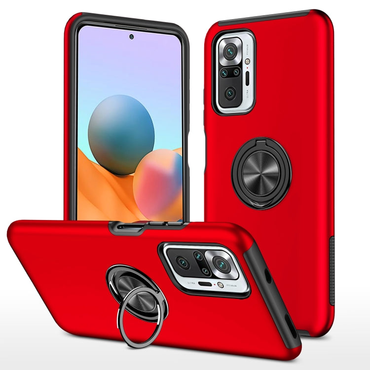 Red shockproof phone case with magnetic ring holder and reinforced bumper sides.
