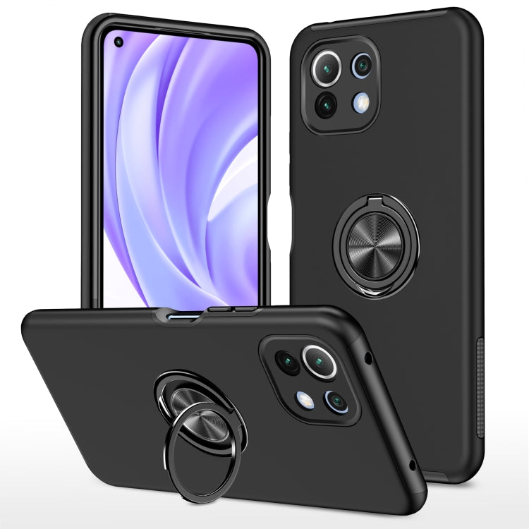 Black phone case with magnetic ring holder and camera cutouts on the back