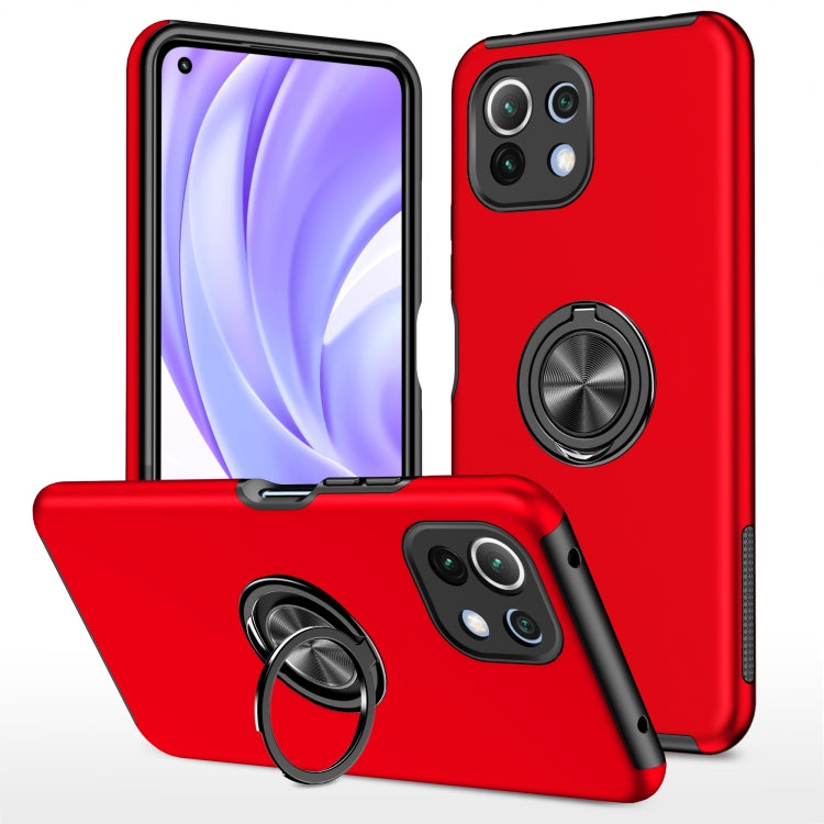 Red phone case with magnetic ring holder, camera cutouts, and shockproof corners.