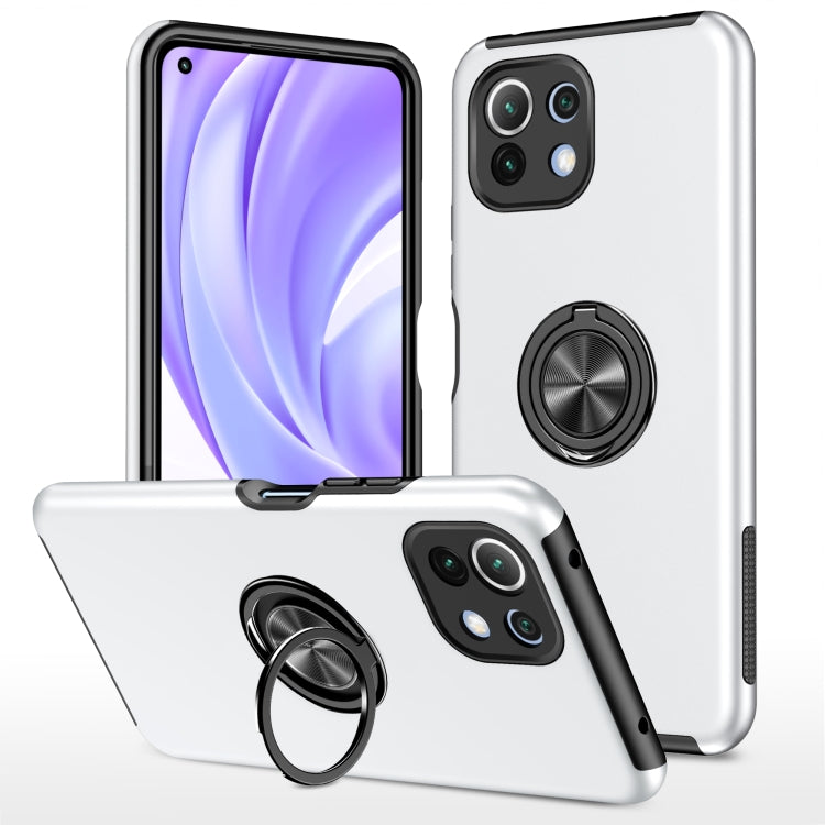 White shockproof phone case with magnetic ring holder and protected camera module