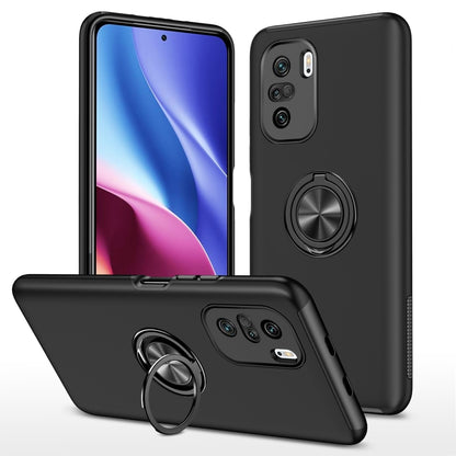 Black phone case with magnetic ring holder, front and back views