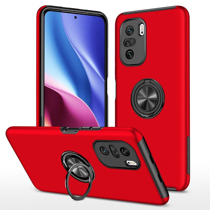 Red protective phone case with magnetic ring holder and lens opening on back.