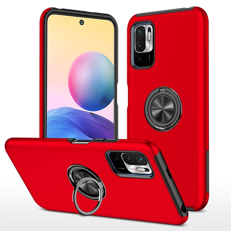 Red shockproof phone case with magnetic ring holder and camera module cutout.