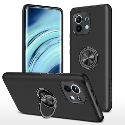 Black shockproof phone case with magnetic ring holder and camera cutouts.