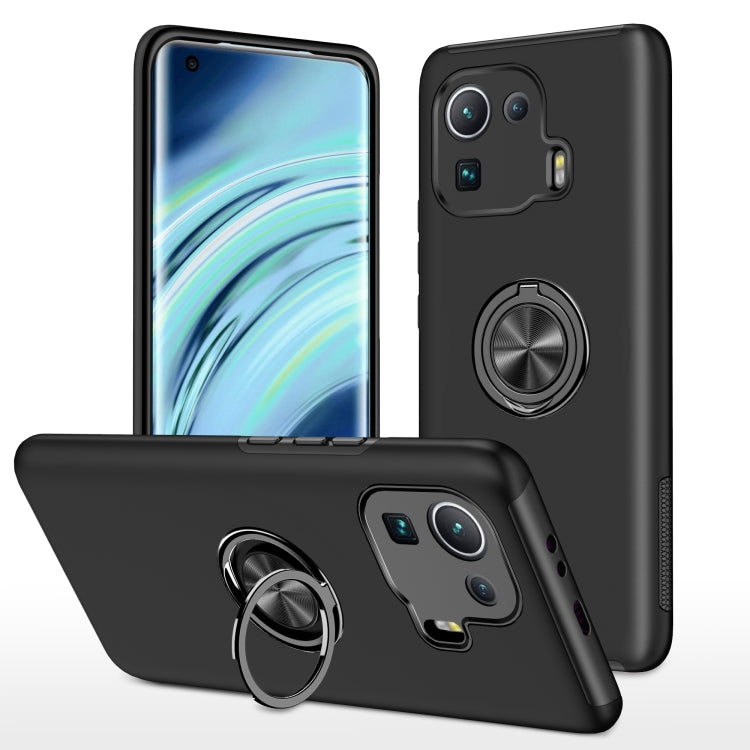 Black TPU phone case with magnetic ring holder and raised edges for protection.