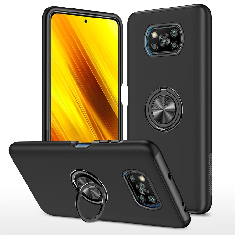 Black shockproof phone case with magnetic ring holder on the back.