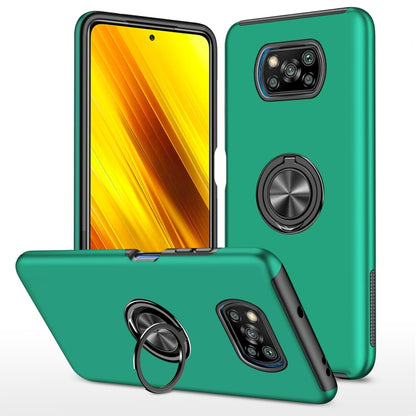 Green shockproof phone case with magnetic ring holder and cutouts for camera and buttons