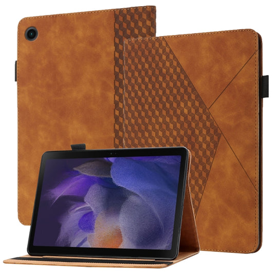 Brown flip tablet case with card slots, stand, rhombus textured panel, and side clips