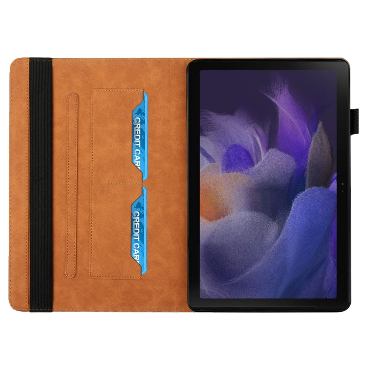 Brown flip tablet case with card slots, stand, and rhombus textured front panel