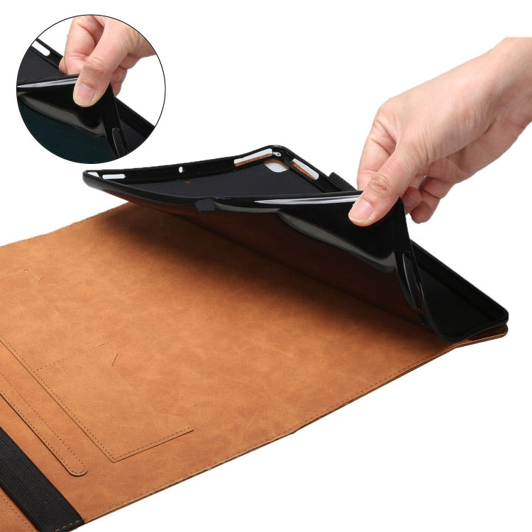 Brown flip tablet case open view with protective cover and rhombus textured panel