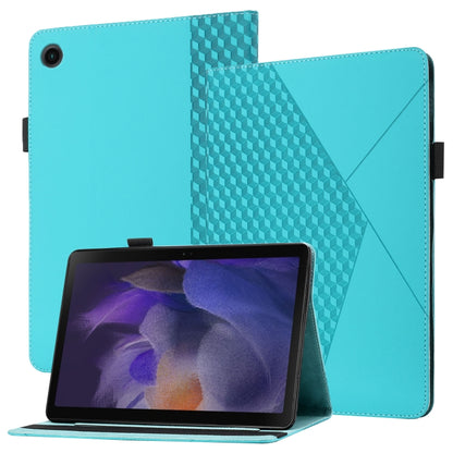 Lake blue flip tablet case with card slots, stand, rhombus textured front, and side clips