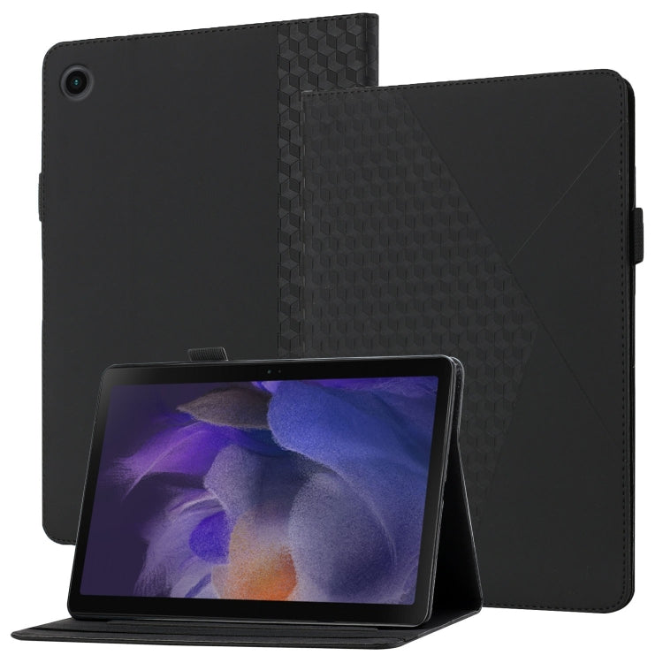 Black flip tablet case with card slots and stand, rhombus textured panel, and side clips