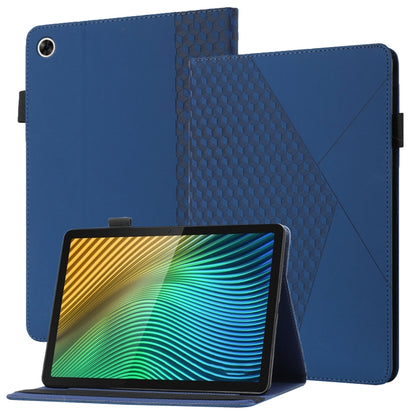 Blue flip tablet leather case with rhombus texture, card slots, and fold stand