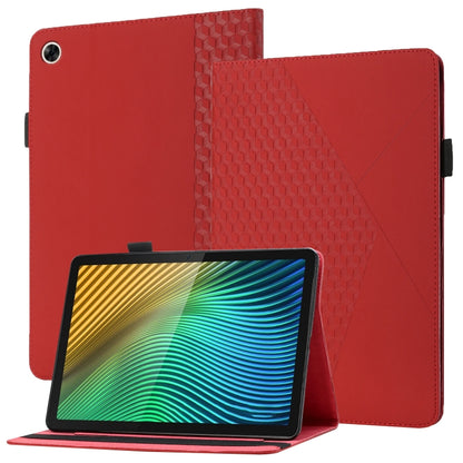 Red flip tablet leather case with rhombus texture, card slots, and angled stand