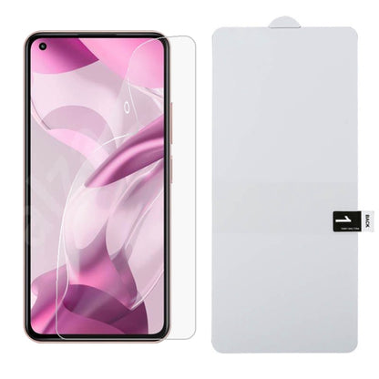 Full-screen explosion-proof hydrogel screen protector film with matte backing and clear tab