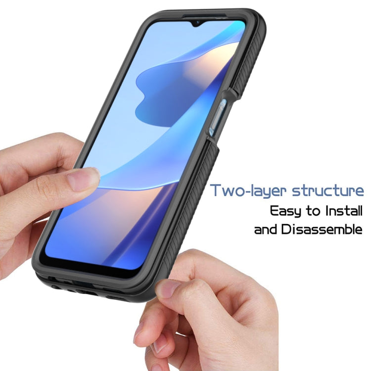 Black shockproof phone case shown during install, with side buttons for OPPO A16