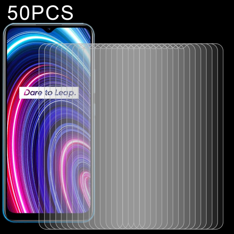 Set of 50 tempered glass screen protectors with clear 2.5D curved edges for phones.