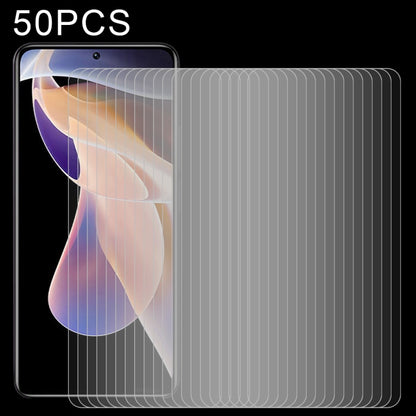 Set of 50 clear tempered glass screen protector films with 2.5D curved edges.