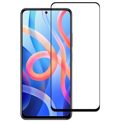 Full-screen tempered glass screen protector for smartphone, clear with black border and rounded edges.