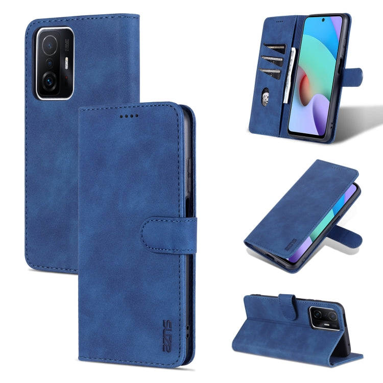 Blue flip phone leather case with card slot and side stand, covering camera area