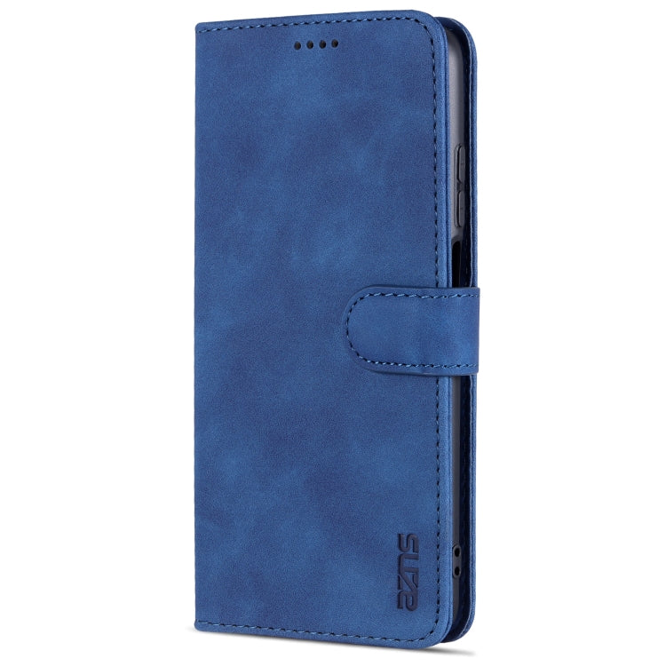 Blue folio flip phone case with magnetic flap and stitched leather texture